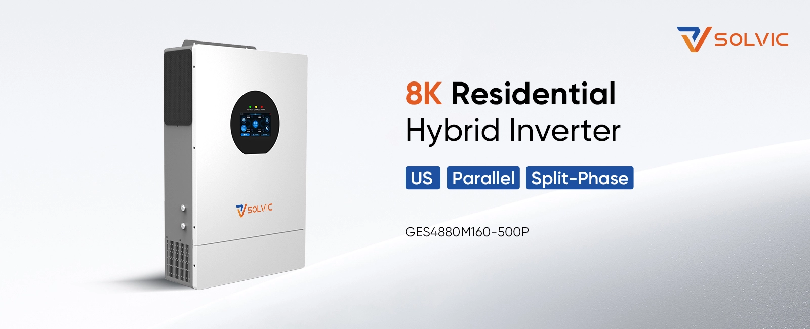 Solvic GES 8kW 120/240V split phase hybrid inverter poster – featuring 8kW output for US residential solar storage, robust battery management, and scalable energy system design